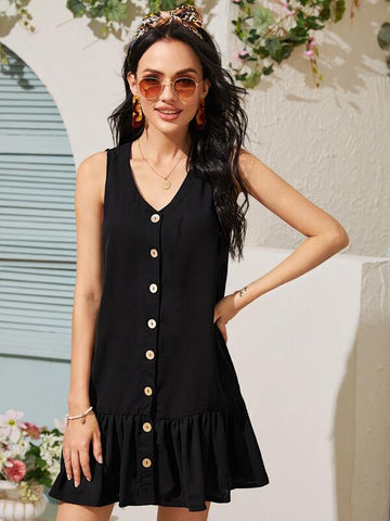 Solid Button Through Drop Waist Smock Dress