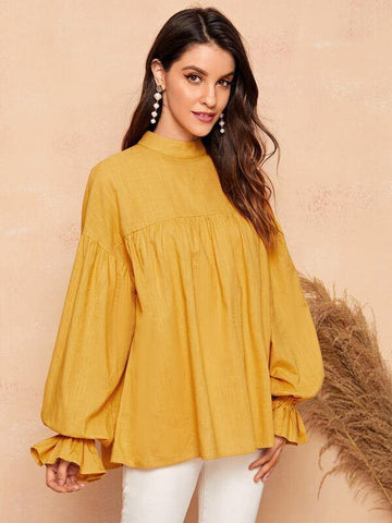 Mock-Neck Flounce Sleeve Smock Top - takostyle