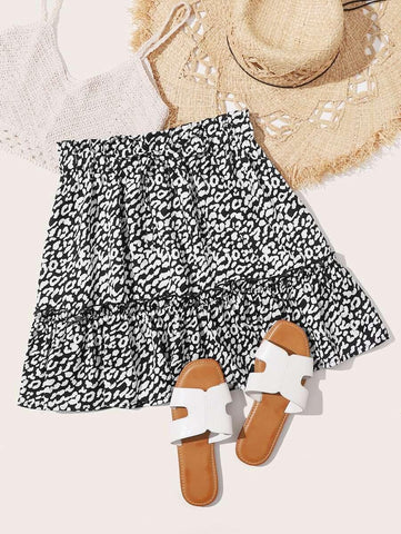 Paperbag Waist Frill Trim Leopard Skirt - takostyle