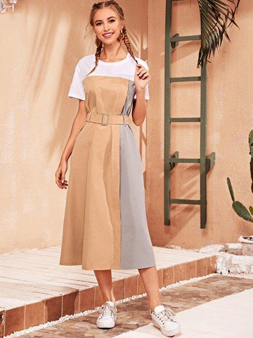 Cut And Sew Buckle Belted Dress - takostyle