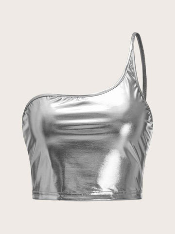 Metallic PU One Shoulder Top - takostyle