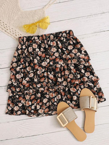 Floral Print Layered Skirt - takostyle