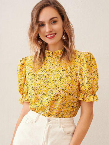 Mock-Neck Ruffle Trim Ditsy Floral Top - takostyle