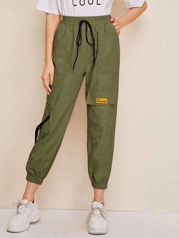 Tie Front  Flap Pocket Letter Patched Cargo Pants - takostyle