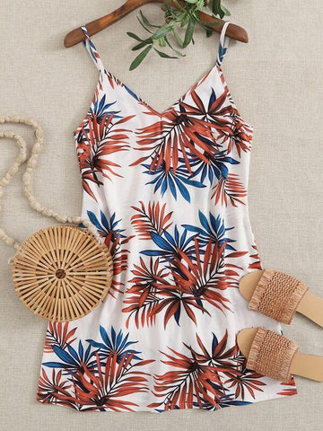 Double V-Neck Plants Print Cami Dress - takostyle