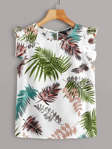 Ruffle Armhole Tropical Print Top - takostyle