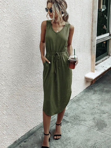 Drawstring Waist Curved Hem Tank Dress