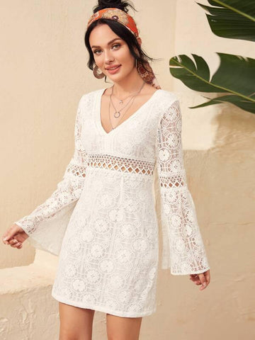 Flounce Sleeve Hollow Out Lace Dress - takostyle