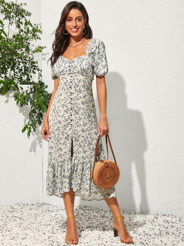 Ditsy Floral Ruffle Hem Split Dress - takostyle