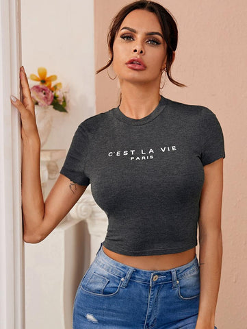 Slogan Graphic Heather Gray Tee - takostyle