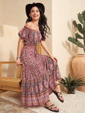 Puff Sleeve Tribal Print Bardot Dress - takostyle