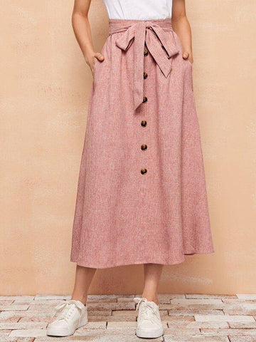 Button Front Slant Pocket Linen Look Skirt - takostyle