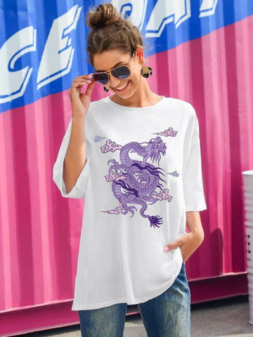 Dragon Print Round Neck Oversized Tee - takostyle