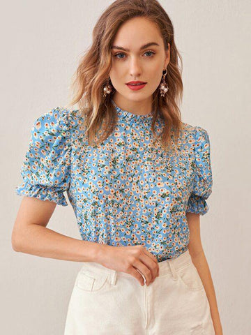 Frilled Neck and Cuff Puff Sleeve Ditsy Floral Top - takostyle