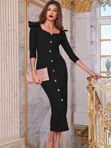 Ruffle Trim Buttoned Front Split Back Dress - takostyle