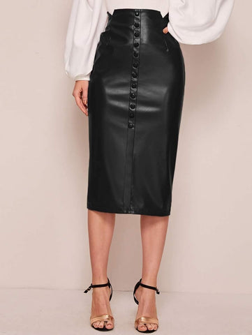 Notched Waistband Buttoned Front PU Leather Skirt - takostyle