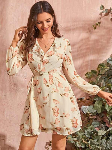 Floral Print Ruffle Trim Wrap Tie Side Dress - takostyle