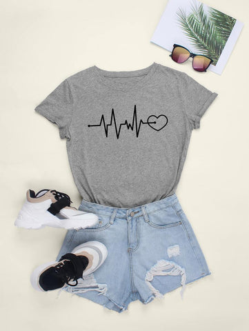 Heart Print Round Neck Tee - takostyle