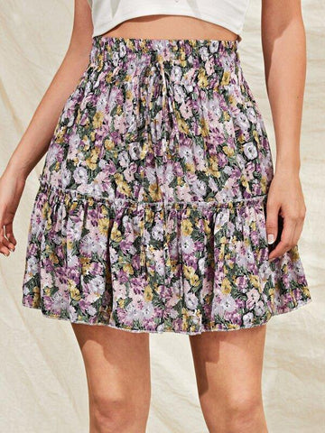 Floral Print Ruffle Trim Knot Front Skirt - takostyle