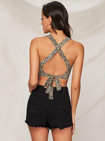 Crisscross Tie Back Leopard Crop Top - takostyle