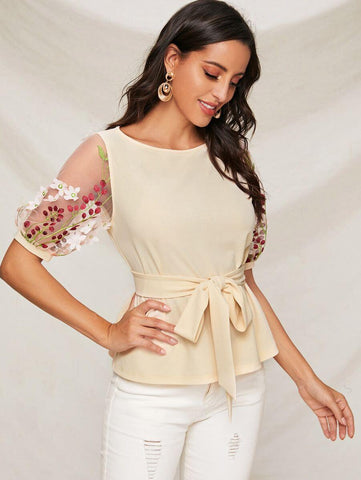 Floral Appliques Embroidery Mesh Sleeve Belted Top - takostyle