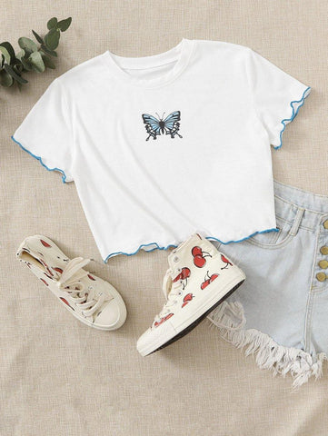 Butterfly Print Lettuce Trim Crop Tee - takostyle