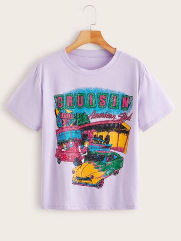 Cartoon And Letter Graphic Tee - takostyle