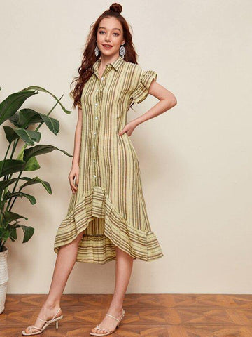 Asymmetrical Ruffle Hem Striped Shirt Dress - takostyle