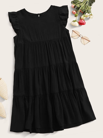 Keyhole Back Frill Trim Ruffle Spliced Dress