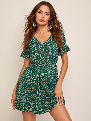 Flounce Sleeve Ditsy Floral Belted Dress - takostyle