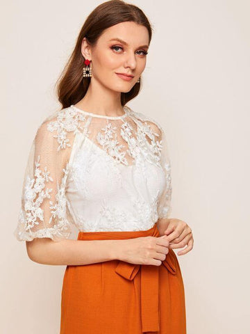 Puff Sleeve Floral Embroidered Mesh Sheer Top Without Camisole - takostyle