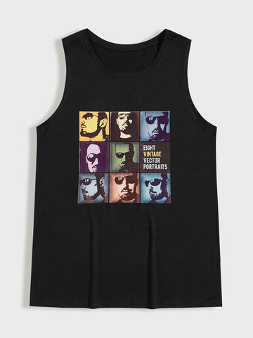 Men Figure & Slogan Graphic Tank Top