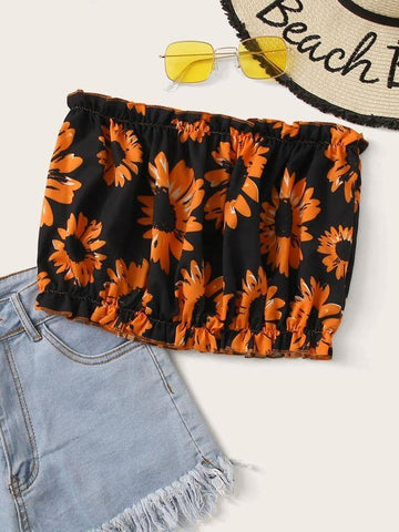 Sunflower Print Ruffle Trim Tube Top - takostyle