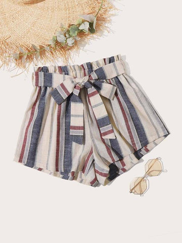 Paperbag Waist Belted Striped Shorts - takostyle