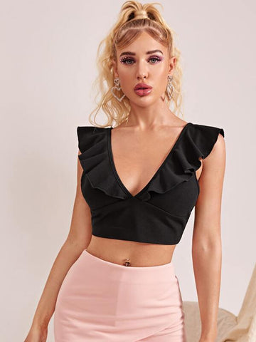 Ruffle Trim Cutout Back Crop Top - takostyle