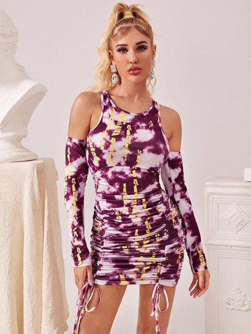 Open Shoulder Drawstring Front Tie Dye Dress - takostyle