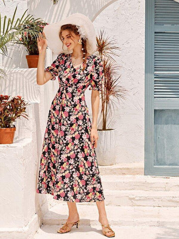 Floral Print Flounce Sleeve Surplice Dress - takostyle