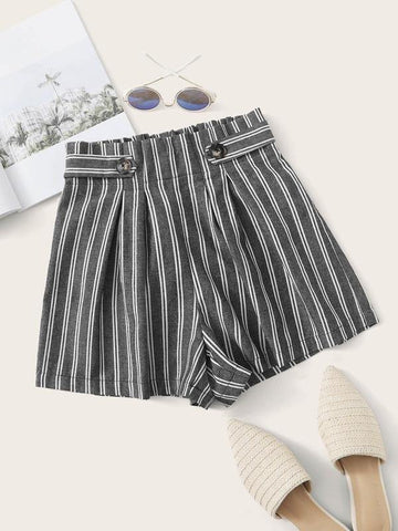Paperbag Waist Button Detail Striped Shorts - takostyle
