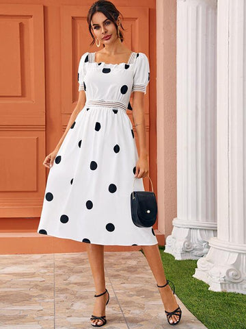 Mesh Panel Tie Back Polka Dot Chiffon Dress