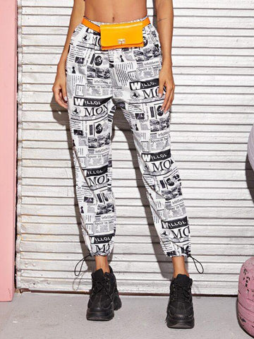 Drawstring Hem Newspaper Print Pants Without Bag - takostyle