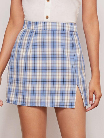 Split Hem Tartan Skirt - takostyle