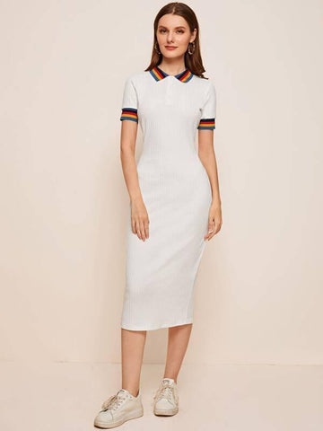 Rainbow Striped Collar &amp; Cuff Split Hem Polo Dress - takostyle