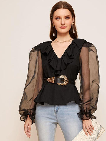 Ruffle Trim Organza Sleeve Top Without Belt - takostyle