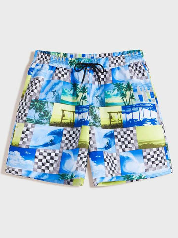 Men Drawstring Waist Patchwork Print Shorts