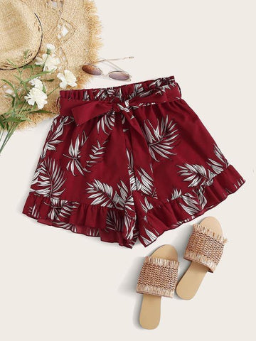 Paperbag Waist Ruffle Hem Self Belted Shorts - takostyle