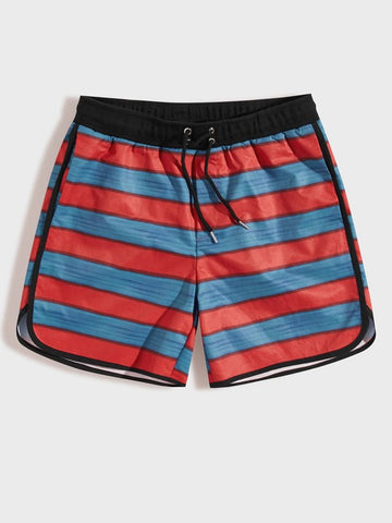 Men Drawstring Waist Contrast Binding Striped Track Shorts