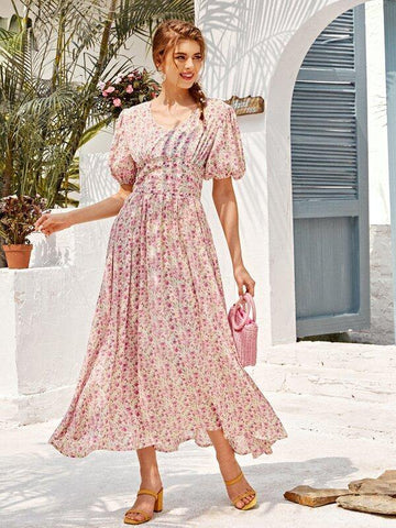 Ditsy Floral Flared Hem Dress - takostyle