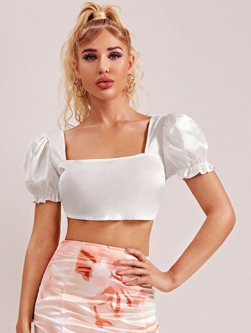 Puff Sleeve Shirred Back Satin Crop Top - takostyle