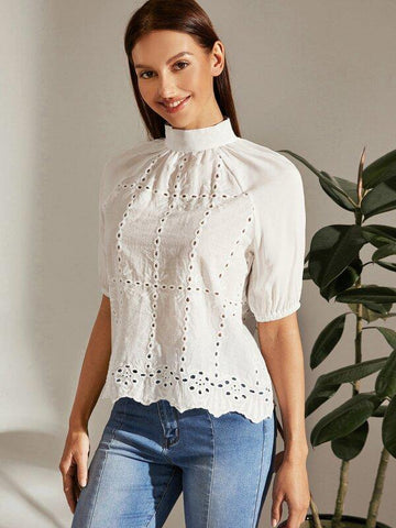 Mock-neck Raglan Sleeve Schiffy Top - takostyle