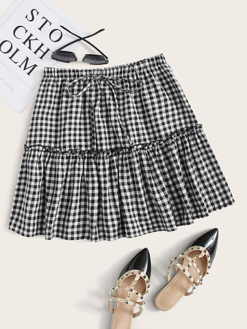 Tie Waist Frill Trim Buffalo Plaid Skirt - takostyle